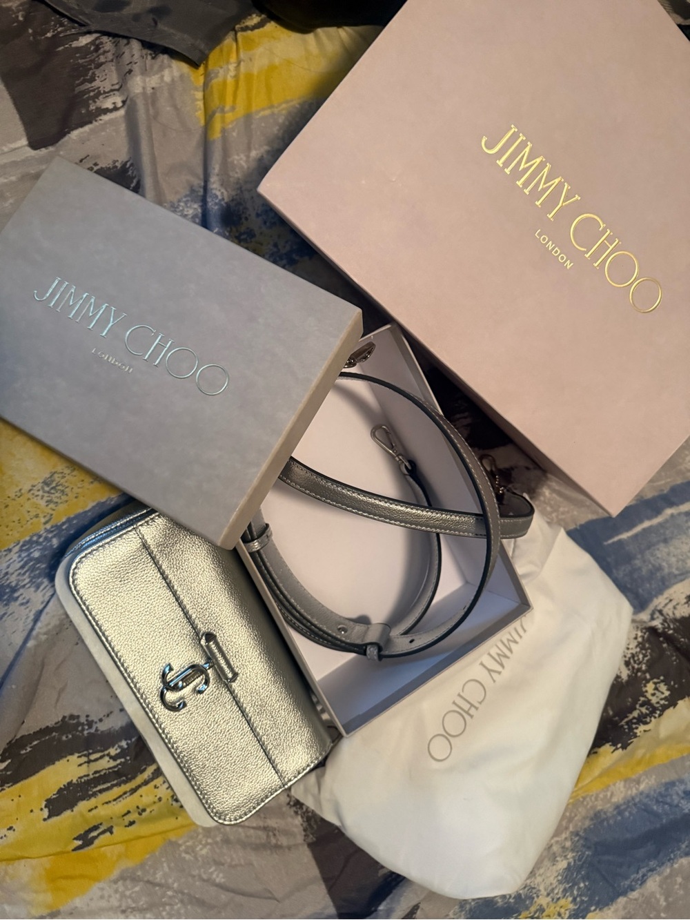 Jimmy Choo Silver Metallic Leather Shoulder Bag with Logo Hardware